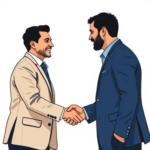 Dos personas dando la mano simbolizando un acuerdo, rodeadas de gráficos y datos.